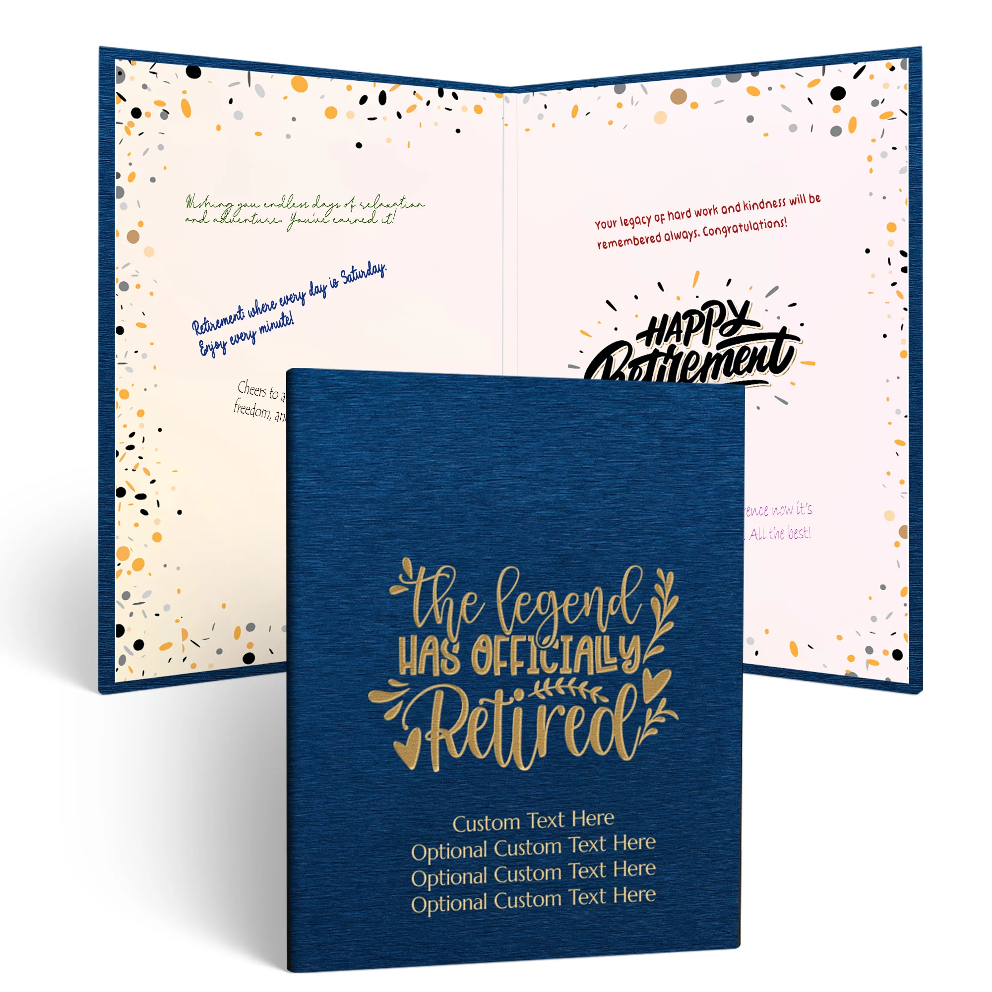 Dark blue Personalized Guest Book for Retirement Party with gold “The Legend Has Officially Retired” design on the cover, displayed open with confetti-themed pages for guests to write messages and well wishes.